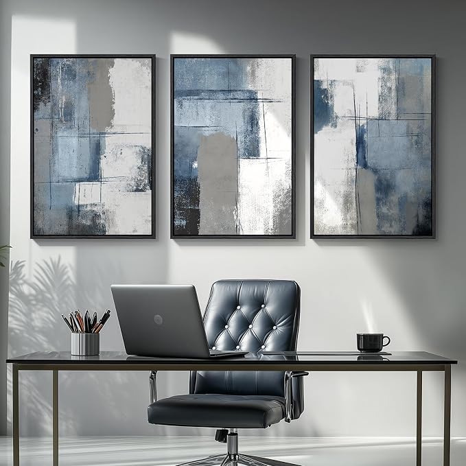 Large Framed Blue and Grey Abstract Wall Art - Image 8