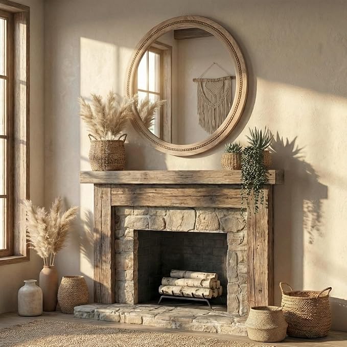 30" Round Solid Wood Mirror for Bathroom Vanity, Handcrafted Beaded Circle Wall - Image 7