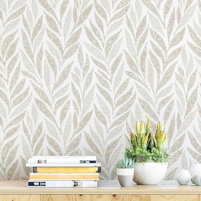 Safiyya 787"x17.3" Boho Peel and Stick Wallpaper Beige and White Wallpaper Leaf by SAFIYYA