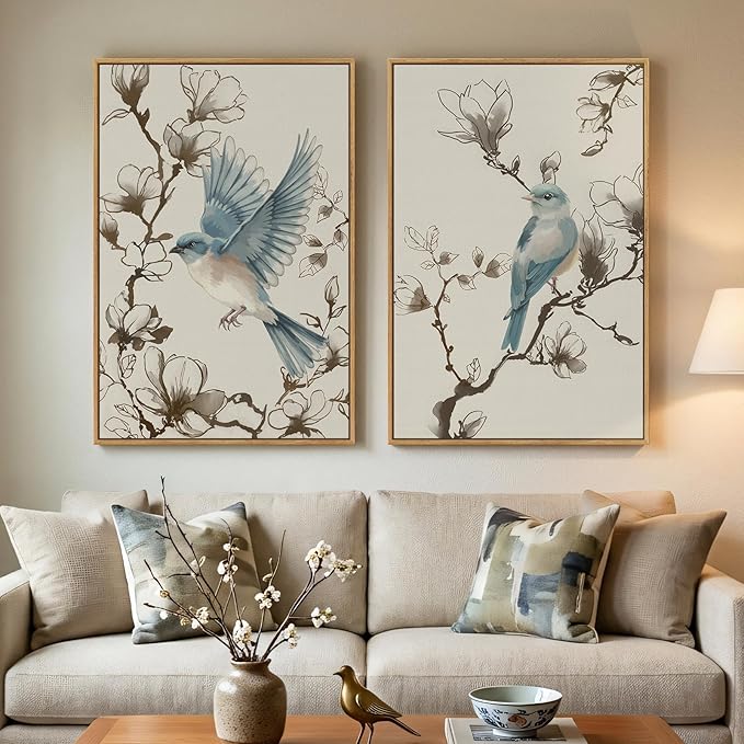Framed Vintage Botanical Bird Wall Art, 2 Piece Neutral Minimalist Floral by Cuspin