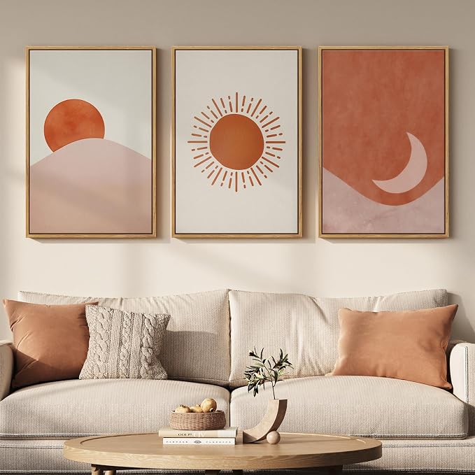 Framed Sun and Moon Boho Wall Art Bedroom, 3 Piece Abstract Minimalist by Cuspin