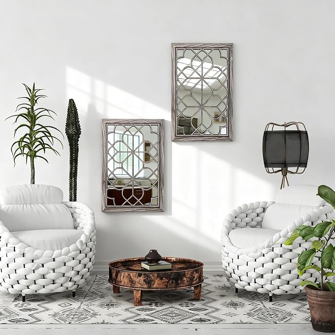 Set of 2 19x26 Inch Large Brown Shatterproof Rectangular Wall Mirrors, Boho - Image 6
