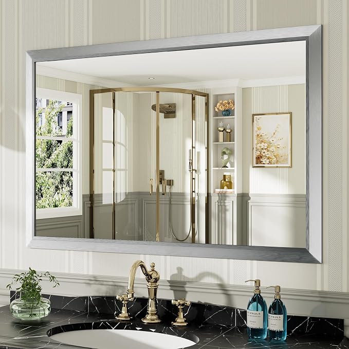 48x32 Inch Brushed Silver Bathroom Mirror by Briivuemodernmirrors