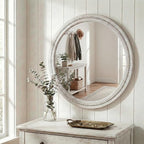 30" White Round Wood Mirror for Bathroom Vanity, Distressed Solid Wood Wall - Image 3