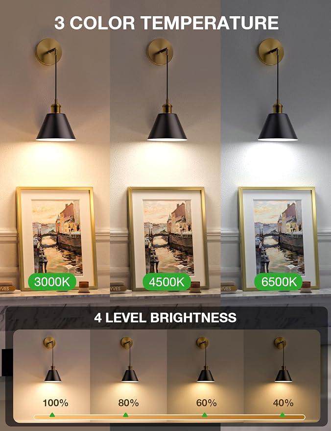 NIORSUN Gold & Black Battery Operated Wall Sconce Set of 2, 5200mAh Dimmable - Image 2