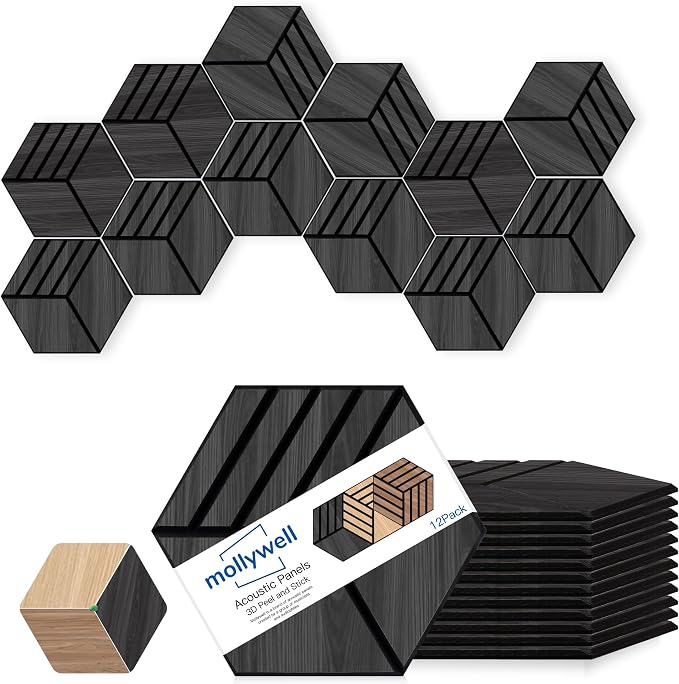 Mollywell Acoustic Panels, PVC Wood-Grain, 14x12 Inch Hexagon Carved Sound by Mollywell