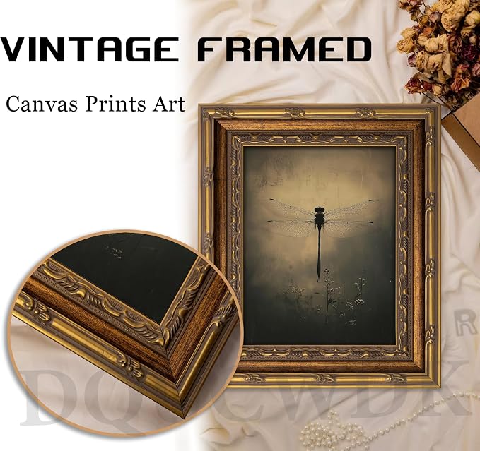 Vintage Gold Framed Wall Art Retro Dark Dragonfly Painting Canvas Prints Gothic - Image 4