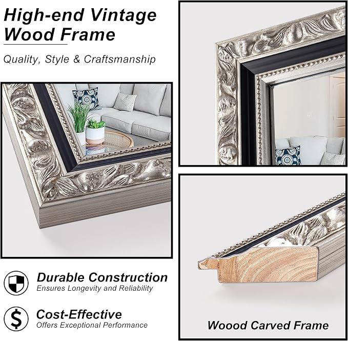 Large Antique Mirror, Rectangular Retro Vintage Silver Mirrors - Image 4