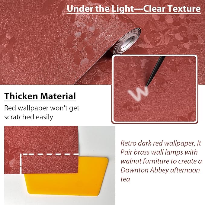 Dark Red Peel and Stick Wallpaper Textured Embossed Floral Contact Paper Peel - Image 6