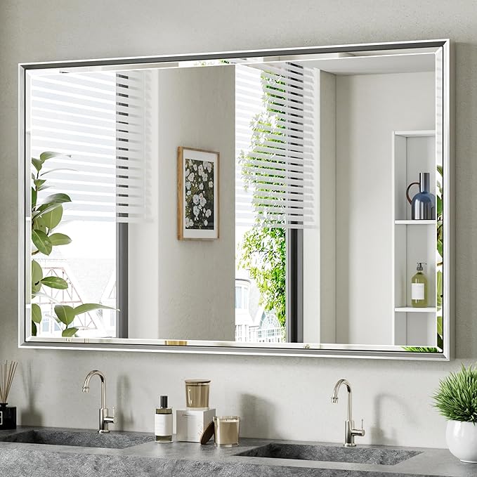 48 x 30 Beveled Bathroom Mirror, Shatterproof Rectangle Mirror, Metal Framed by QUEENFUN