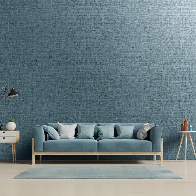 Yancorp 32.8ft Textured Fabric Teal Wallpaper Faux Grasscloth Blue Peel and - Image 2