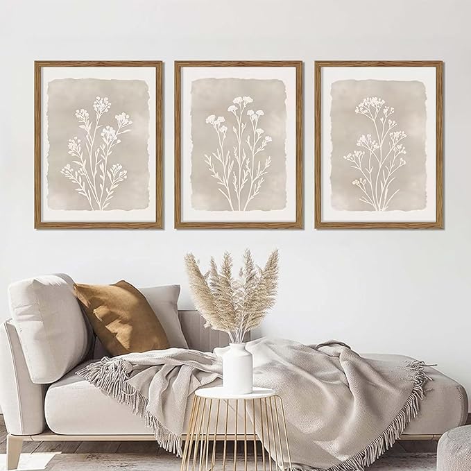 Framed Boho Botanical Flower Wall Art Set of 3, Vintage Minimalist Neutral - Image 7
