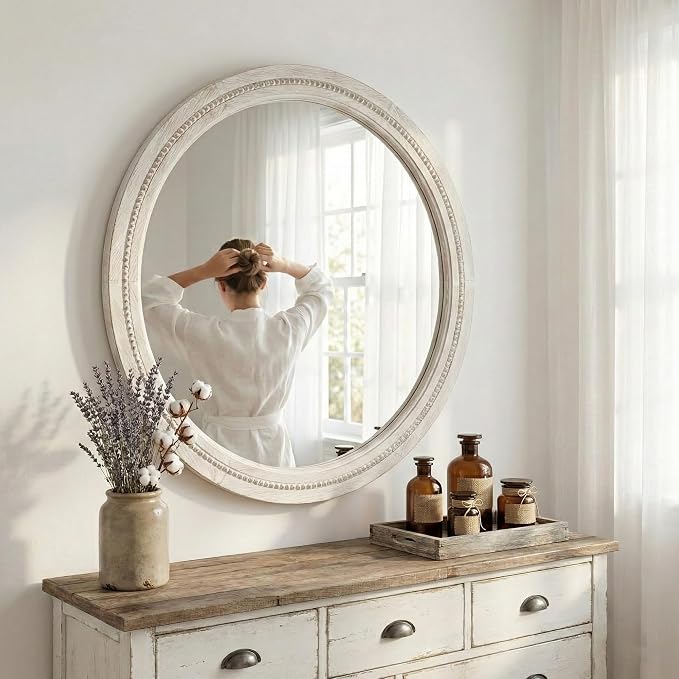 30" White Round Wood Mirror for Bathroom Vanity, Distressed Solid Wood Wall - Image 6