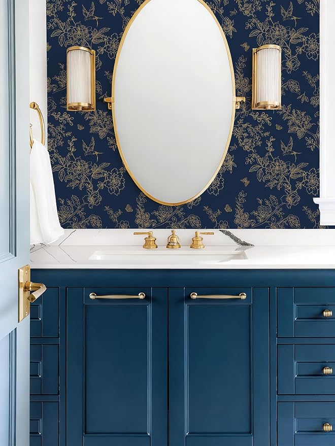 Froluya Dark Blue and Gold Vintage Floral Peel and Stick Wallpaper 17.7"x196.8" - Image 5