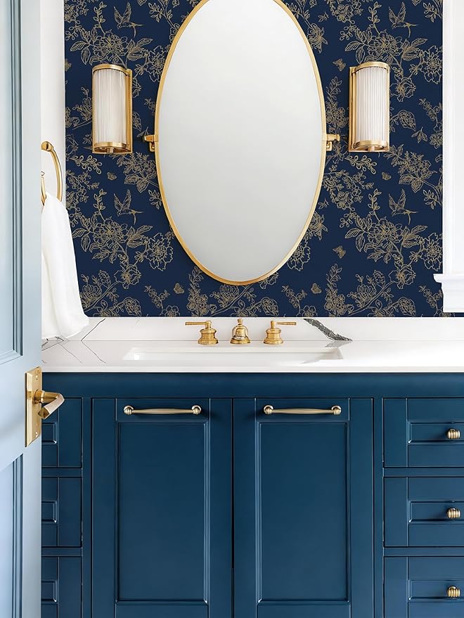 Froluya Dark Blue and Gold Vintage Floral Peel and Stick Wallpaper 17.7"x118.1" - Image 4