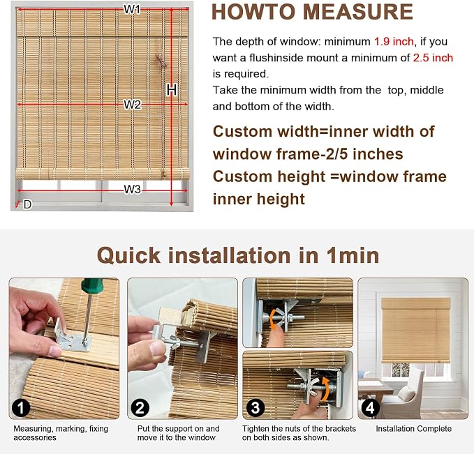 No Tool No Drill Bamboo Blinds for Interior Windows, Bamboo Shades for Indoor - Image 6