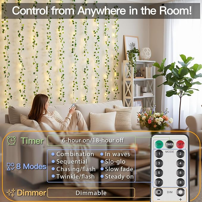 suddus Vines with Lights for Bedroom, 150 LED Fairy Lights with Vines, Ivy - Image 3