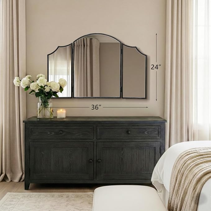 Besdomus Black Scalloped Dresser Mirror: 36"x24" Large Modern 3 Way Trifold - Image 4