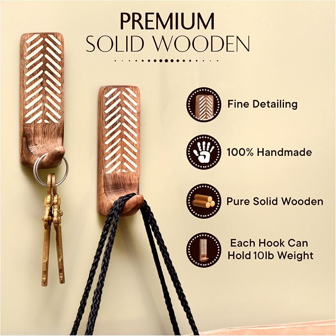 IndianShelf 10 LB- 6 Pieces Decorative Wood Adhesive Wall Hooks–Boho Peel and - Image 4