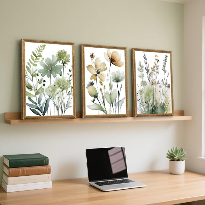 SYWENNOI Wood Framed Green Botanical Canvas Wall Art, Boho Floral Watercolor - Image 4