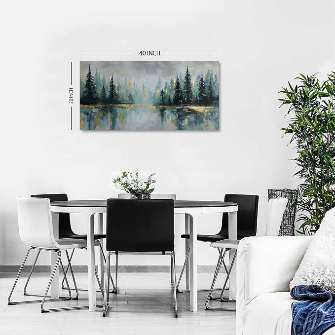 Green Forest Wall Art Vintage Fog Pine Trees Landscape Wall Decor Nature Green - Image 2