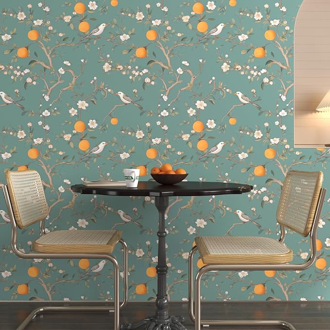 Green Floral Wallpaper Peel and Stick, Birds & Orange Fruits Contact Paper - Image 4