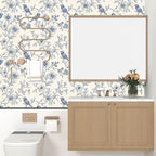 Beige Wallpaper Peel and Stick Blue Floral Bird Vintage Contact Paper 17.5" x - Image 8