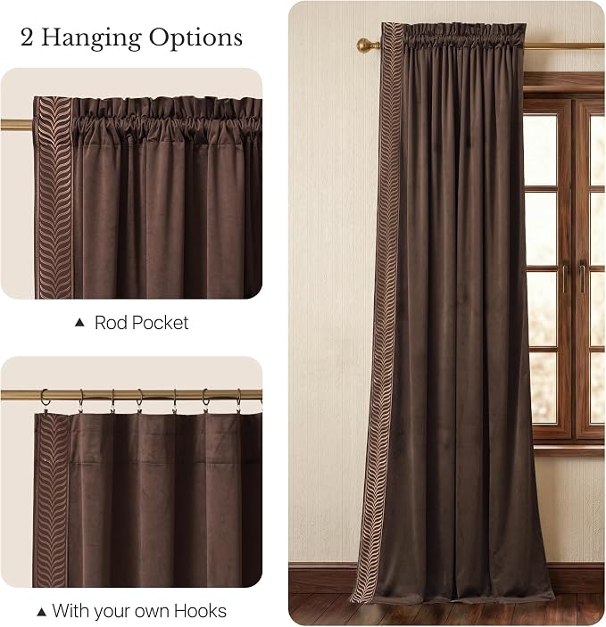 NICETOWN Rod Pocket Embroidered Trim Velvet Curtains, 2 Panels, Velvet Curtains - Image 7