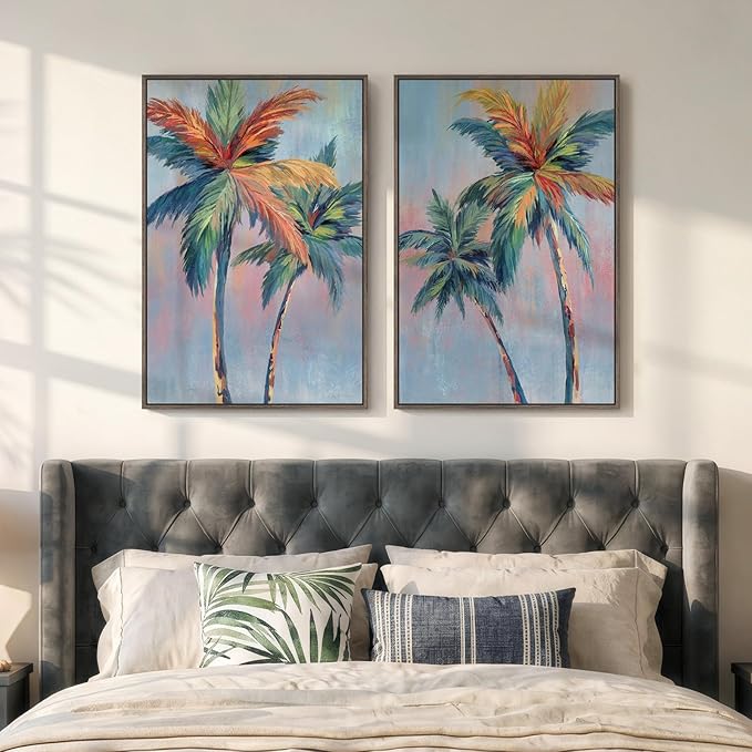 Framed Colorful Coastal Palm Tree Wall Art Bedroom, Large Pop Art Coastal by Cuspin