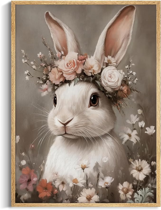 WIARTSH Vintage Easter Bunny Wall Art Poster, Cottage Farmhouse Animal Artwork by Unknown