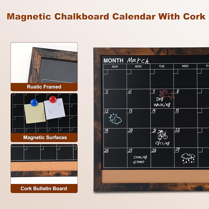 Chalkboard Calendar for Wall, Small Rustic Framed Magnetic Chalkboard & Cork - Image 3