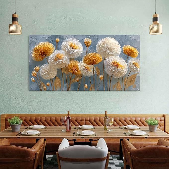 Abstract White Flower Wall Art Golden Floral Pictures Wall Decor Neutral - Image 4