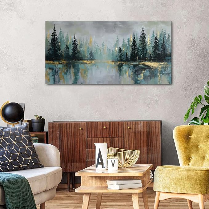 Green Forest Wall Art Vintage Fog Pine Trees Landscape Wall Decor Nature Green - Image 4