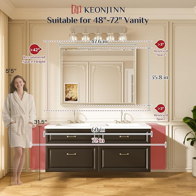 Keonjinn 48" x 36" Large Gold Bathroom Mirrors - Image 5