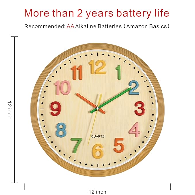 Foxtop Silent Kids Wall Clock Non-Ticking Battery Operated Colorful Childrens - Image 2