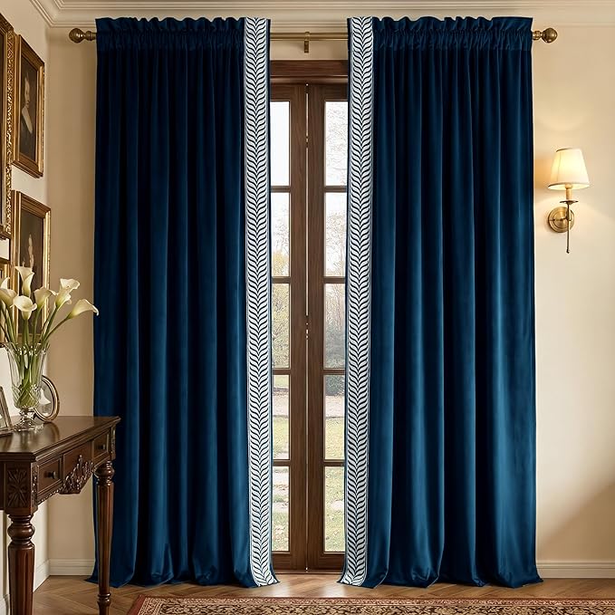 NICETOWN Rod Pocket Embroidered Trim Velvet Curtains, 2 Panels, Velvet Curtains by NICETOWN