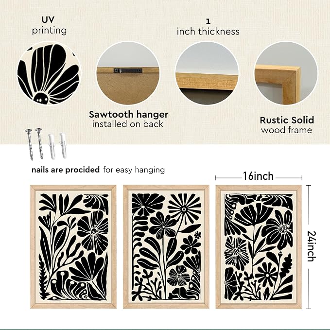 YWJKWLGS Abstract Floral Wall Art Set of 3, 16x24 Inch Black Boho Flower Prints - Image 2