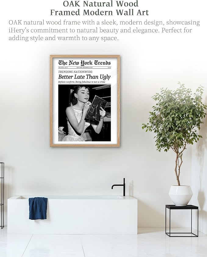 iHery Natural OAK Wood Audrey Hepburn Trendy Framed Wall Art, Better Late Than - Image 8