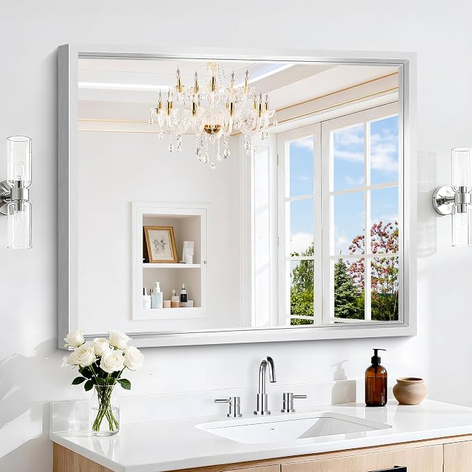 36x30 Silver Bathroom Mirror, Brushed Silver Rectangular Mirror by WelcometoCIVENO