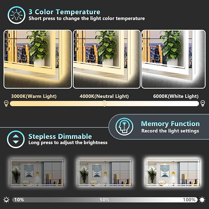 72x40 LED Bathroom Mirror with Lights, Backlit and Front Lit Anti-Fog Lighted - Image 4