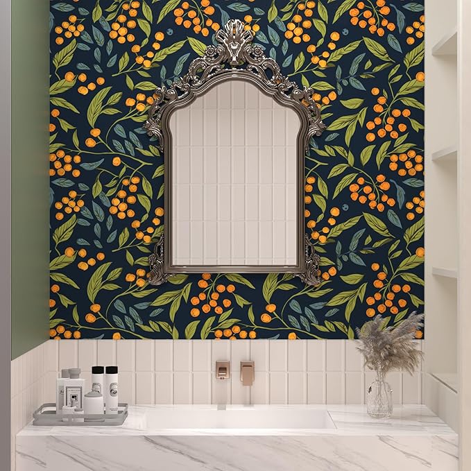 BOKEBEVE Extra Long Blue Orange Wallpaper Peel and Stick Boho Floral Contact - Image 5
