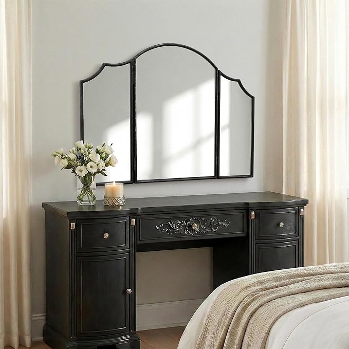 Besdomus Black Scalloped Dresser Mirror: 36"x24" Large Modern 3 Way Trifold - Image 7
