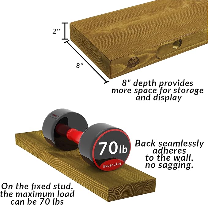 Rusitc Floating Shelves 60 inch Long 8 "deep Set of 2, Heavy Duty Wood Wall - Image 3