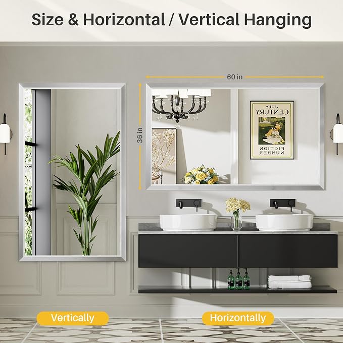 60x36 Inch Brushed Silver Bathroom Mirror - Image 4