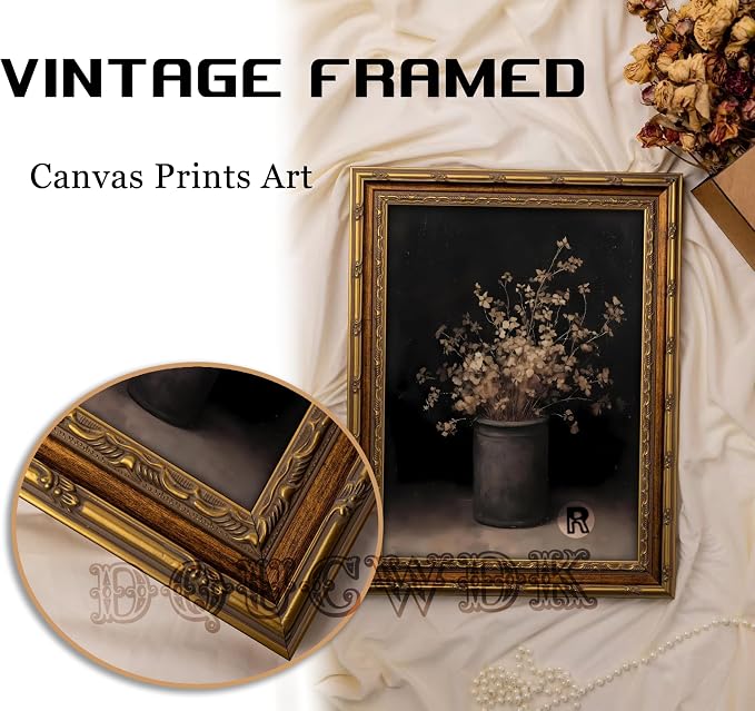 Vintage Gold Framed Wall Art Fall Dried Flowers Antique Vase Country Oil - Image 4