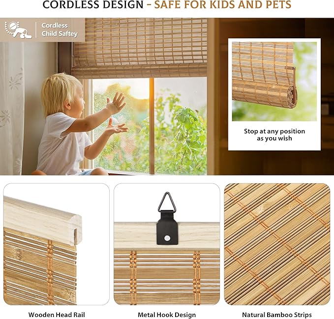 LazBlinds Cordless Bamboo Blinds, Roll Up Shades - Image 2