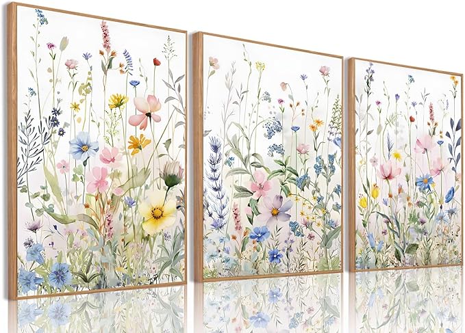 Bwodke Framed Wildflower Wall Art Watercolor Botanical Floral Colorful Canvas by Bwodke