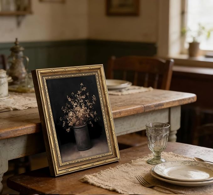 Vintage Gold Framed Wall Art Fall Dried Flowers Antique Vase Country Oil - Image 8