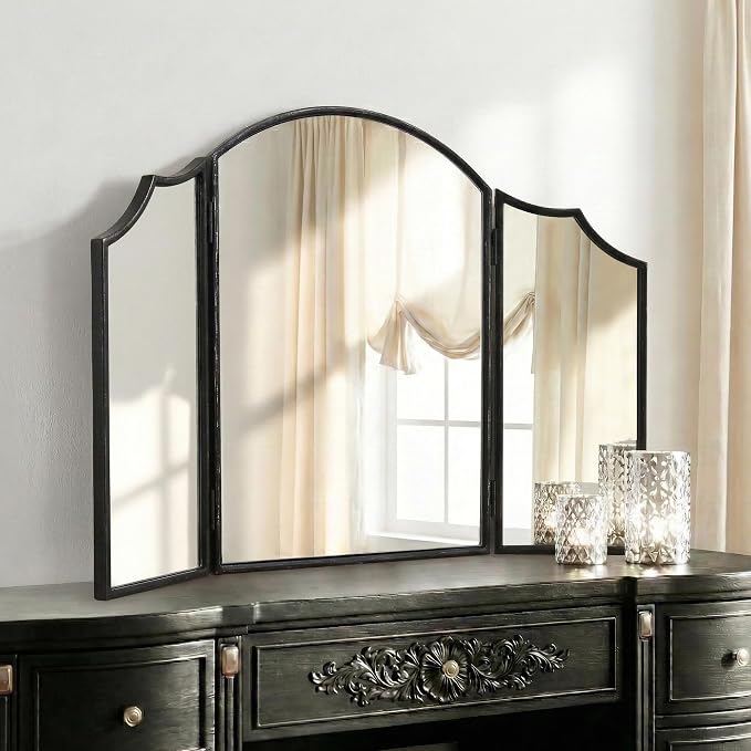 Besdomus Black Scalloped Dresser Mirror: 36"x24" Large Modern 3 Way Trifold by Besdomus