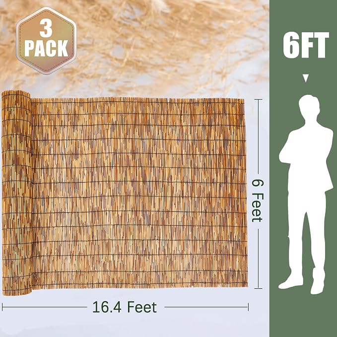 Barydat 3 Pcs 6 x 16.4 ft Reed Fence Roll, 85% Shade Bamboo Privacy Screen - Image 2